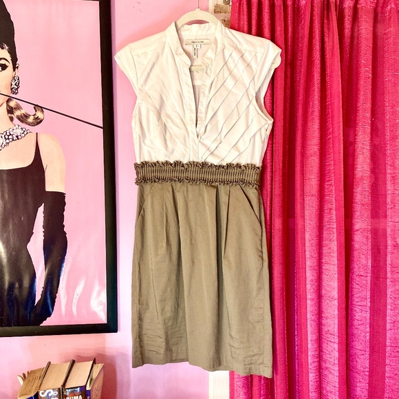 Max & Cleo Dresses & Skirts - Max & Cleo Midi Business Dress Pleated White Bust Ruffled Waist Taupe Women’s 8